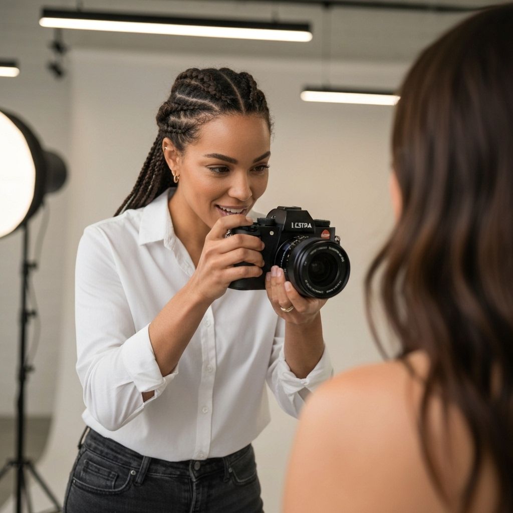 Fotógrafo profesional con cámara en estudio